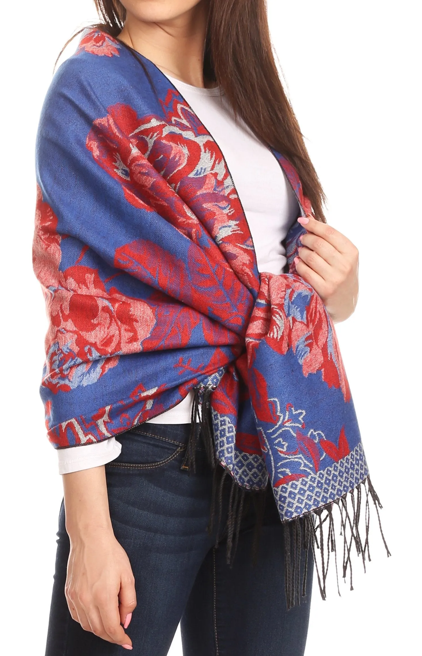 Sakkas Aurora Floral Rose Pashmina Scarf Shawl with Fringe Super Warm Soft Vegan