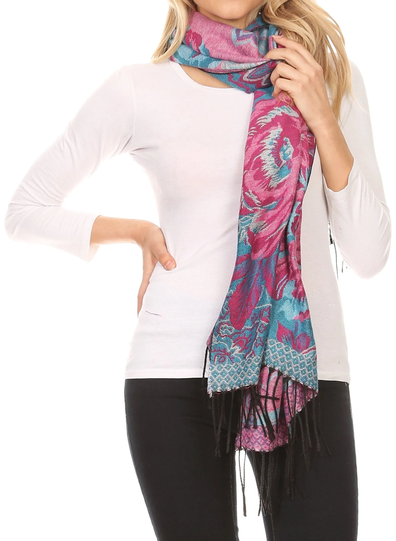 Sakkas Aurora Floral Rose Pashmina Scarf Shawl with Fringe Super Warm Soft Vegan