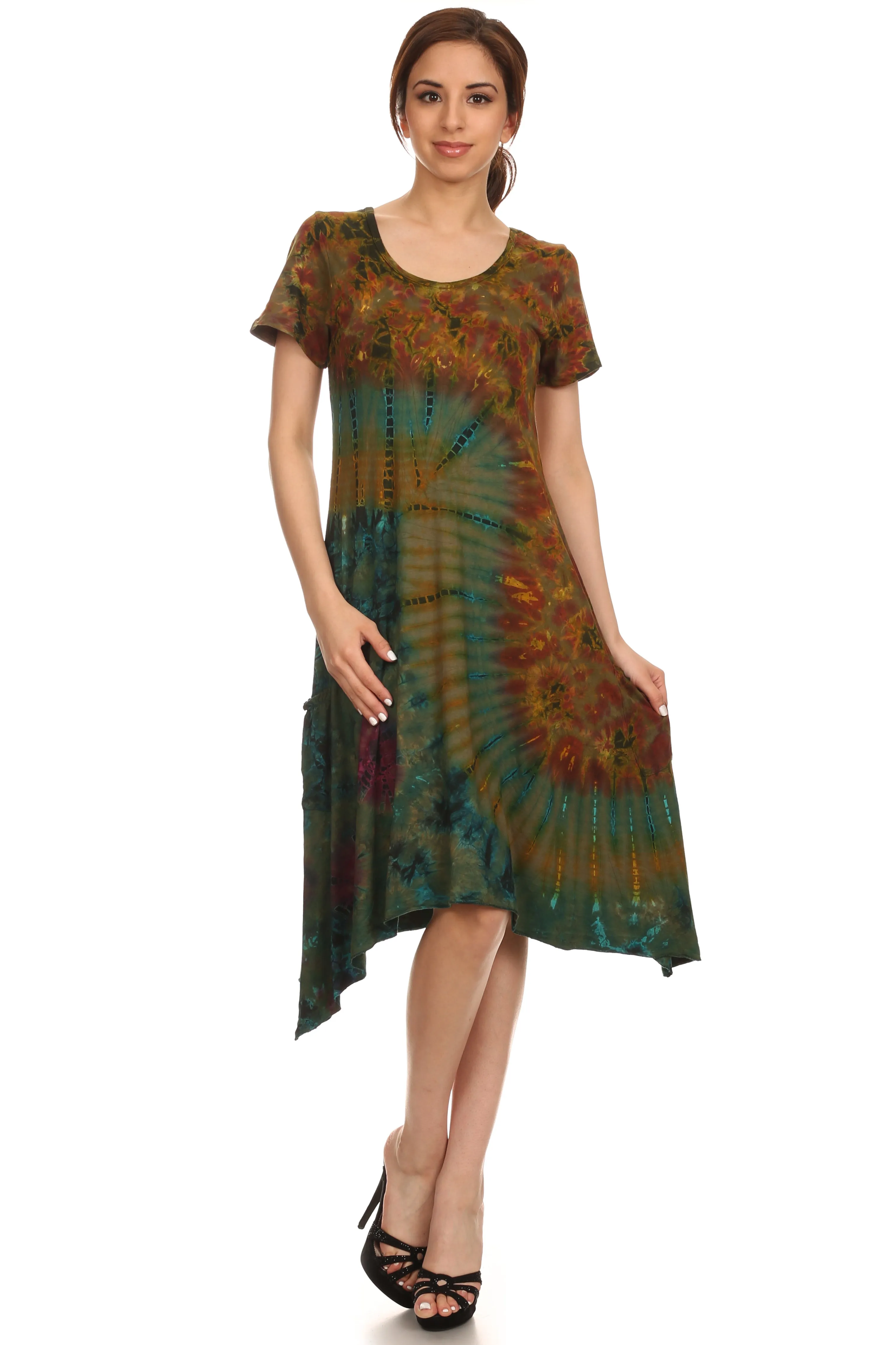 Sakkas  Clair Scoop Neck Cap Sleeve Tie Dye Dress