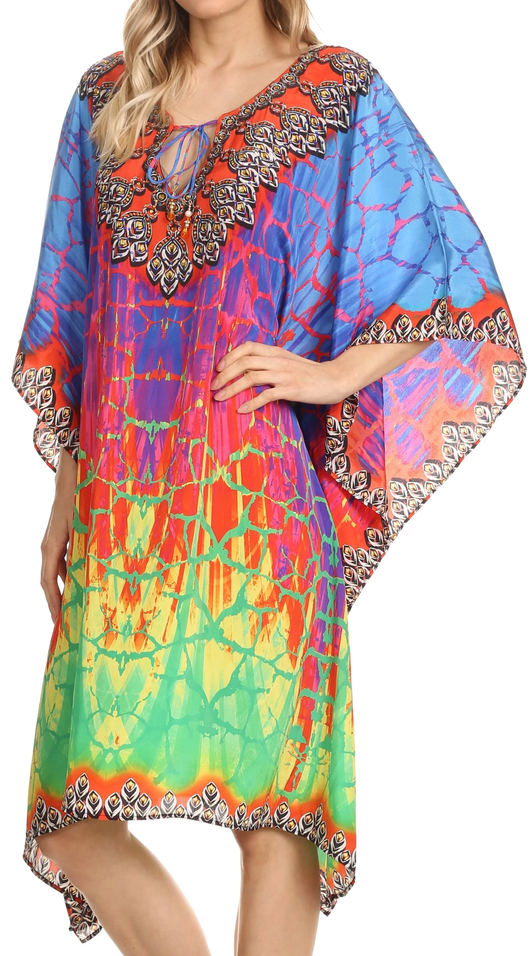 Sakkas Jenni Printed Caftan Dress / Cover Up With Adjustable Neck / Rhinestones