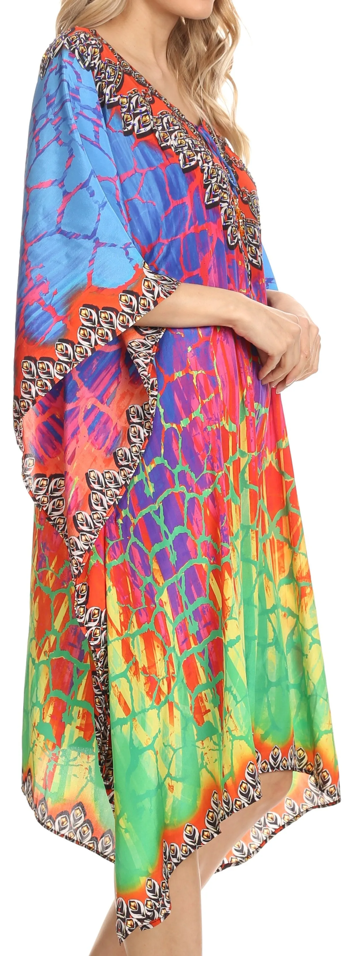 Sakkas Jenni Printed Caftan Dress / Cover Up With Adjustable Neck / Rhinestones