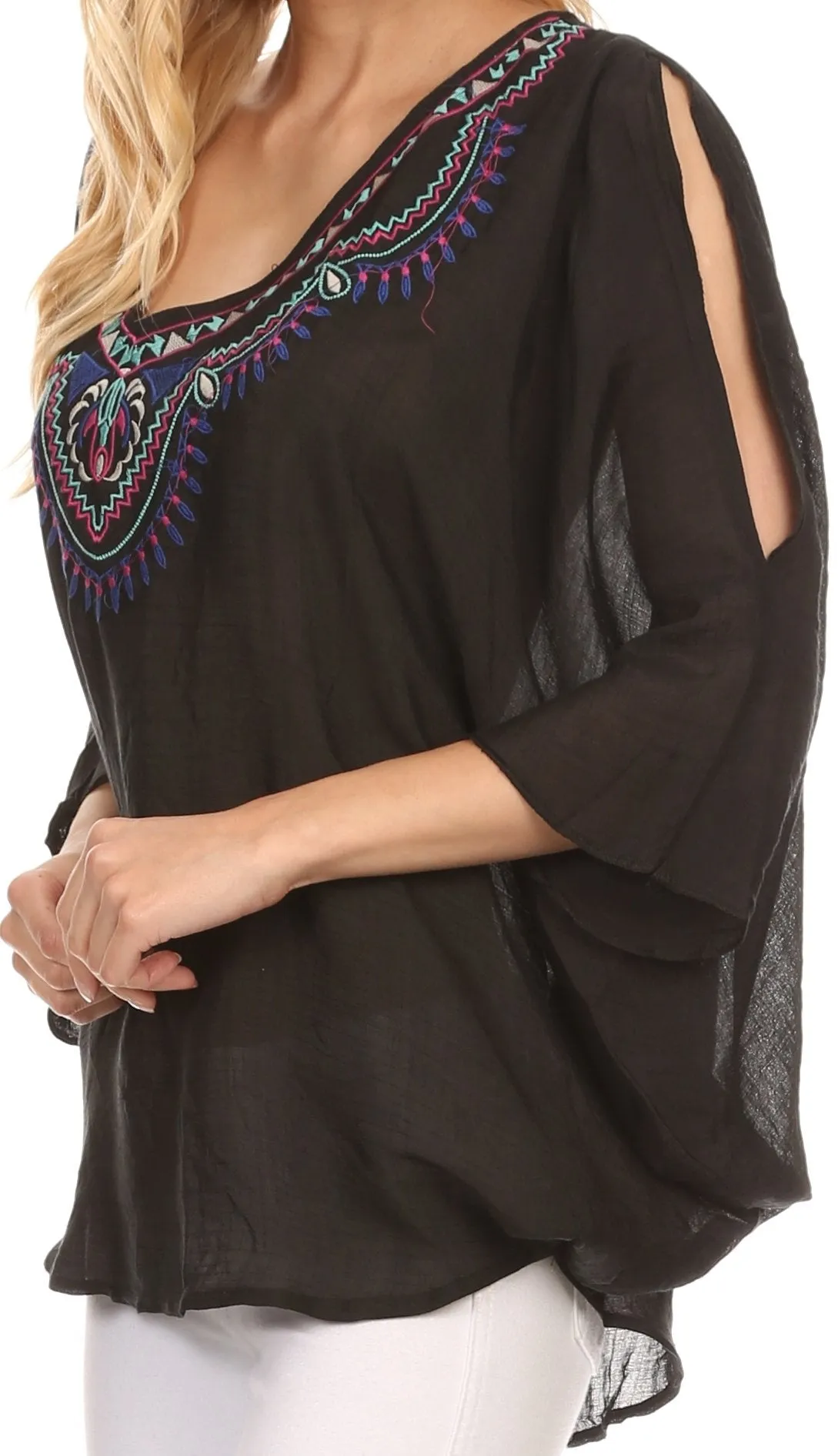 Sakkas Kace Wide Loose Sleeveless Or Short Sleeve Batik Poncho Top Shirt Blouse