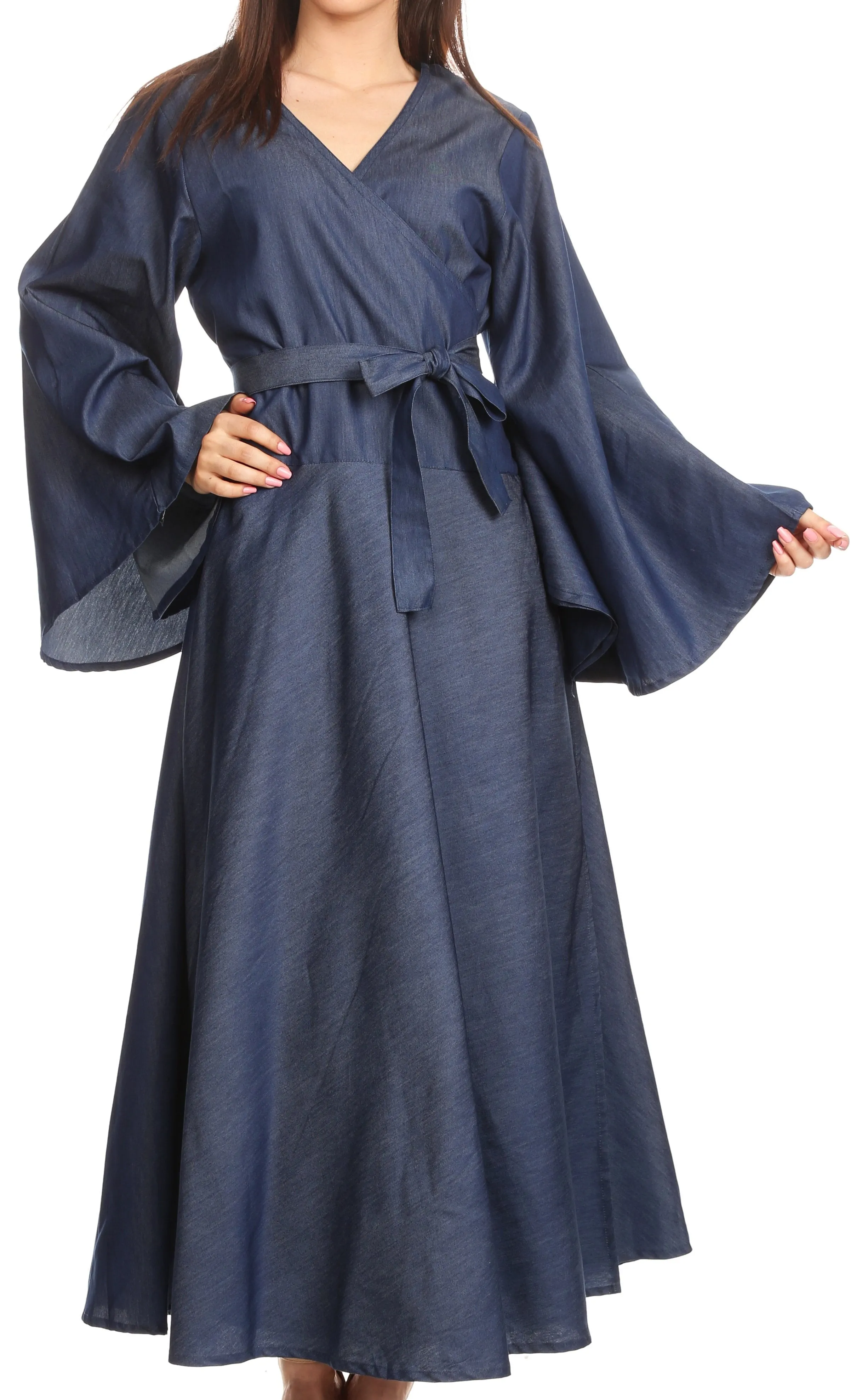 Sakkas Ximena  Long Wrap Around Bell Sleeve Chambray Full Circle Dress Casual