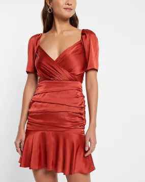 Satin Ruched Mini Dress in Chili Pepper