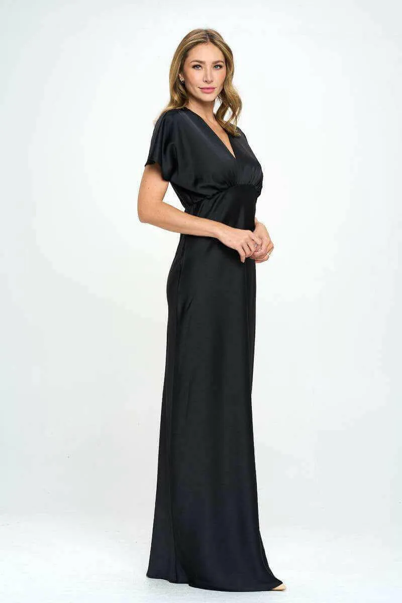 Satin Solid Deep V neck Formal Dress