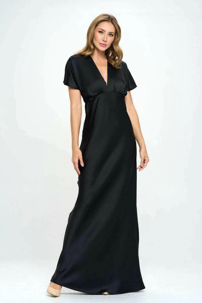 Satin Solid Deep V neck Formal Dress