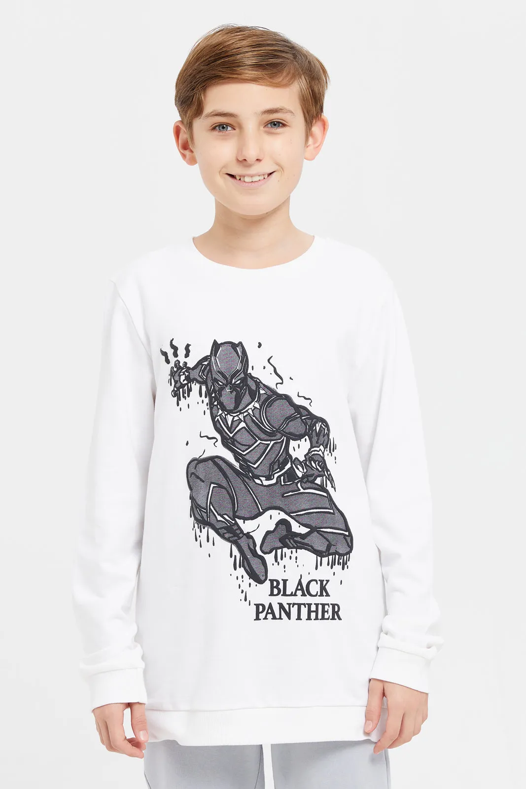 Senior Boys White Black Panther Print Sweatshirt