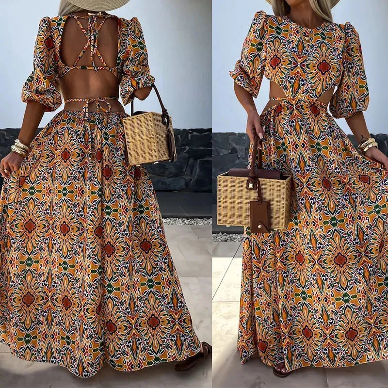 Sexy Backless Bandage Bohemian O Neck Hollow Short Sleeved Vintage Pattern Print Long Summer Lady Dress