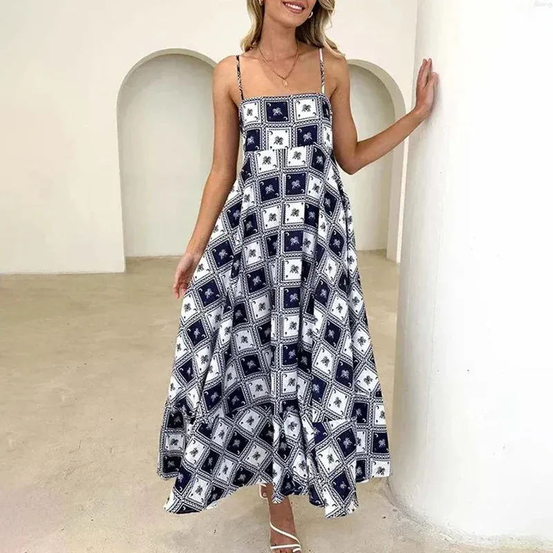 Sexy Square Neck Pattern Printed Bohemian Casual Women's Strap Fashion Sleeveless High Waist Party Floral 2024 Dress