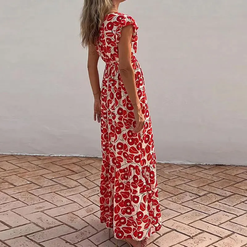 Sexy V-neck Floral Print Long New Summer Ruffle Sleeveless Slim Party Fashion Split Pocket High Waist Floral Ladies Dress