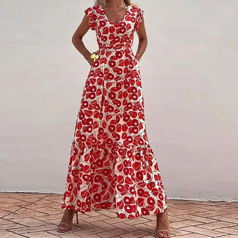 Sexy V-neck Floral Print Long New Summer Ruffle Sleeveless Slim Party Fashion Split Pocket High Waist Floral Ladies Dress