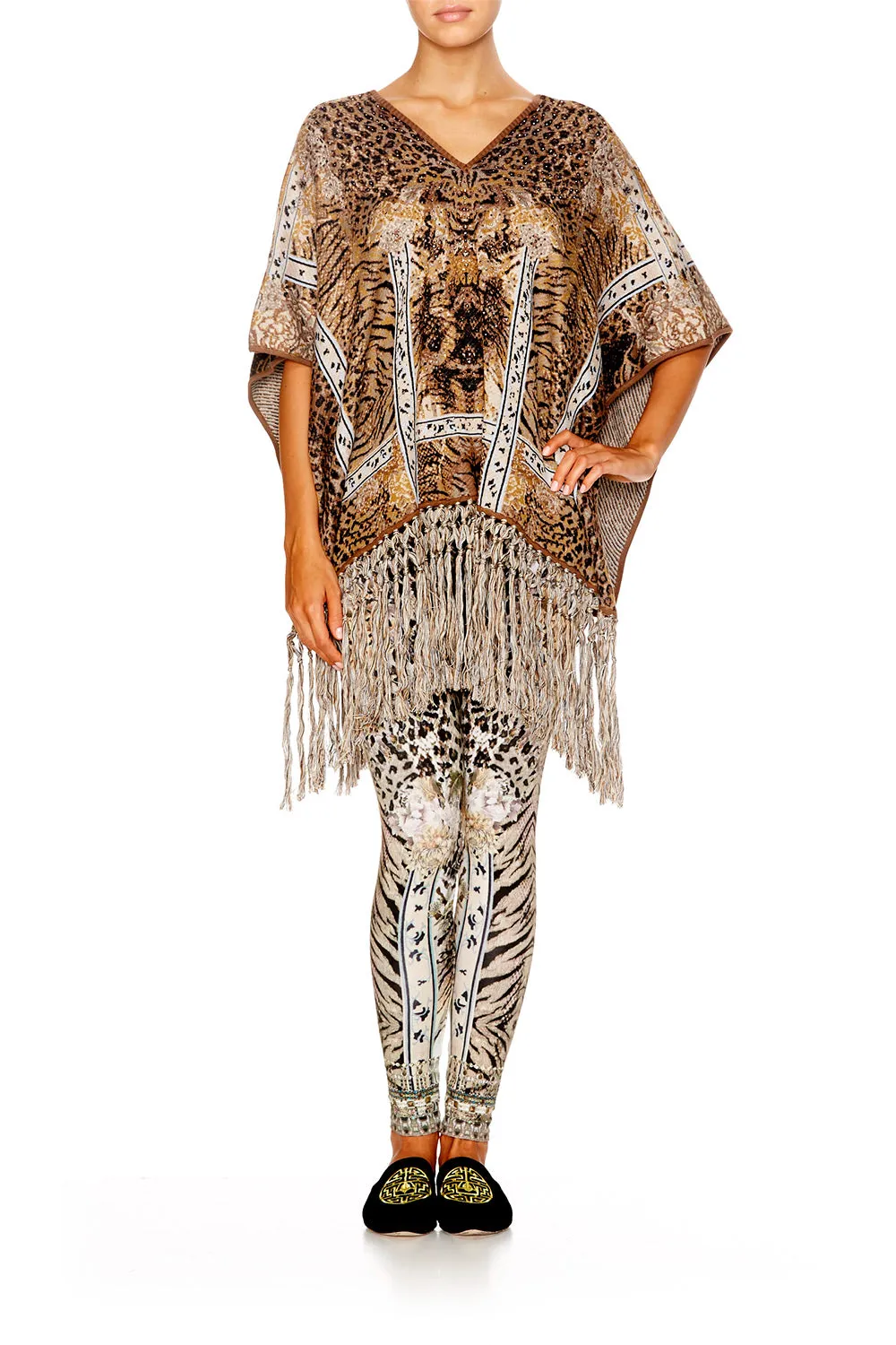 SHORT V-NECK PONCHO W/FRINGING SPIRIT ANIMAL