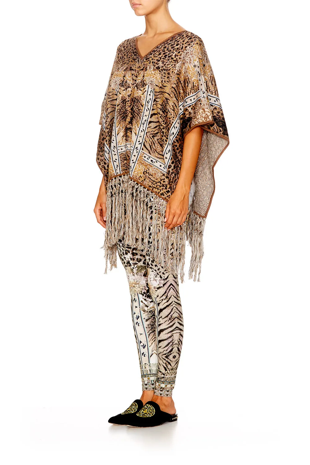 SHORT V-NECK PONCHO W/FRINGING SPIRIT ANIMAL