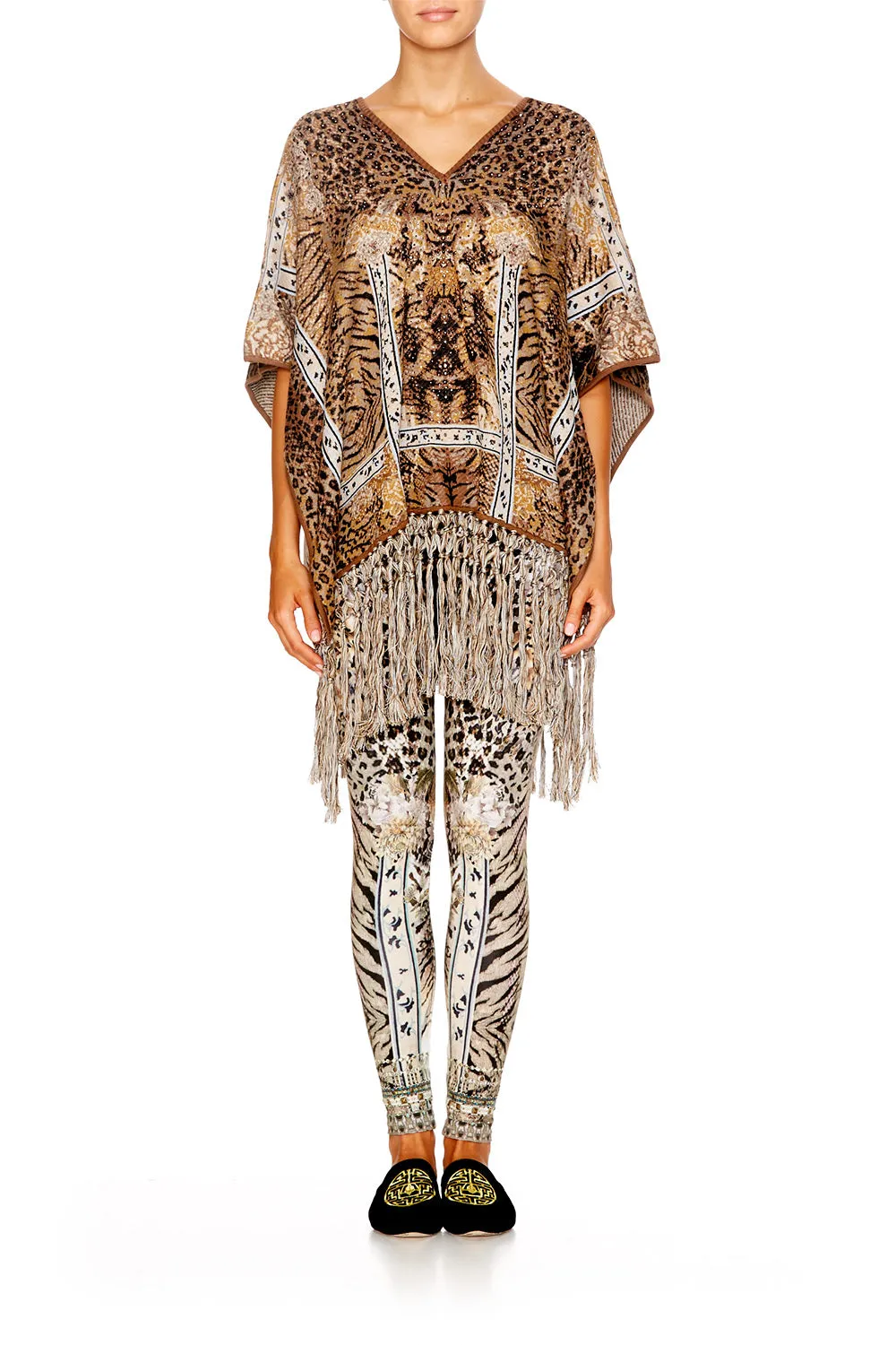 SHORT V-NECK PONCHO W/FRINGING SPIRIT ANIMAL