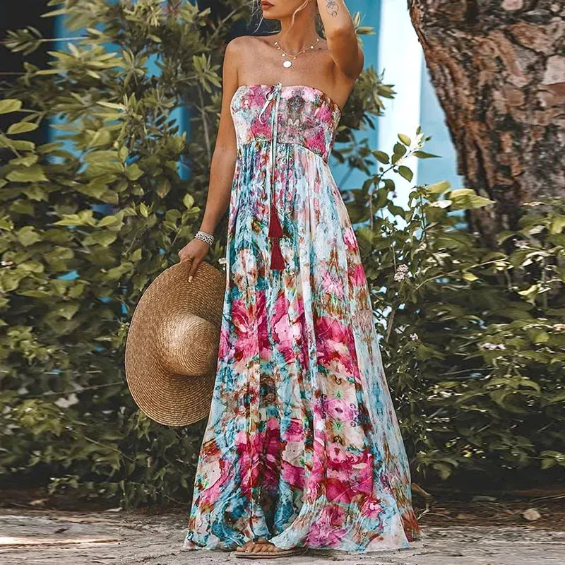 Shoulder Lace Up Bohemian Casual Floral Print,Strapless High Waisted Long Summer Lady Sexy Off Dress