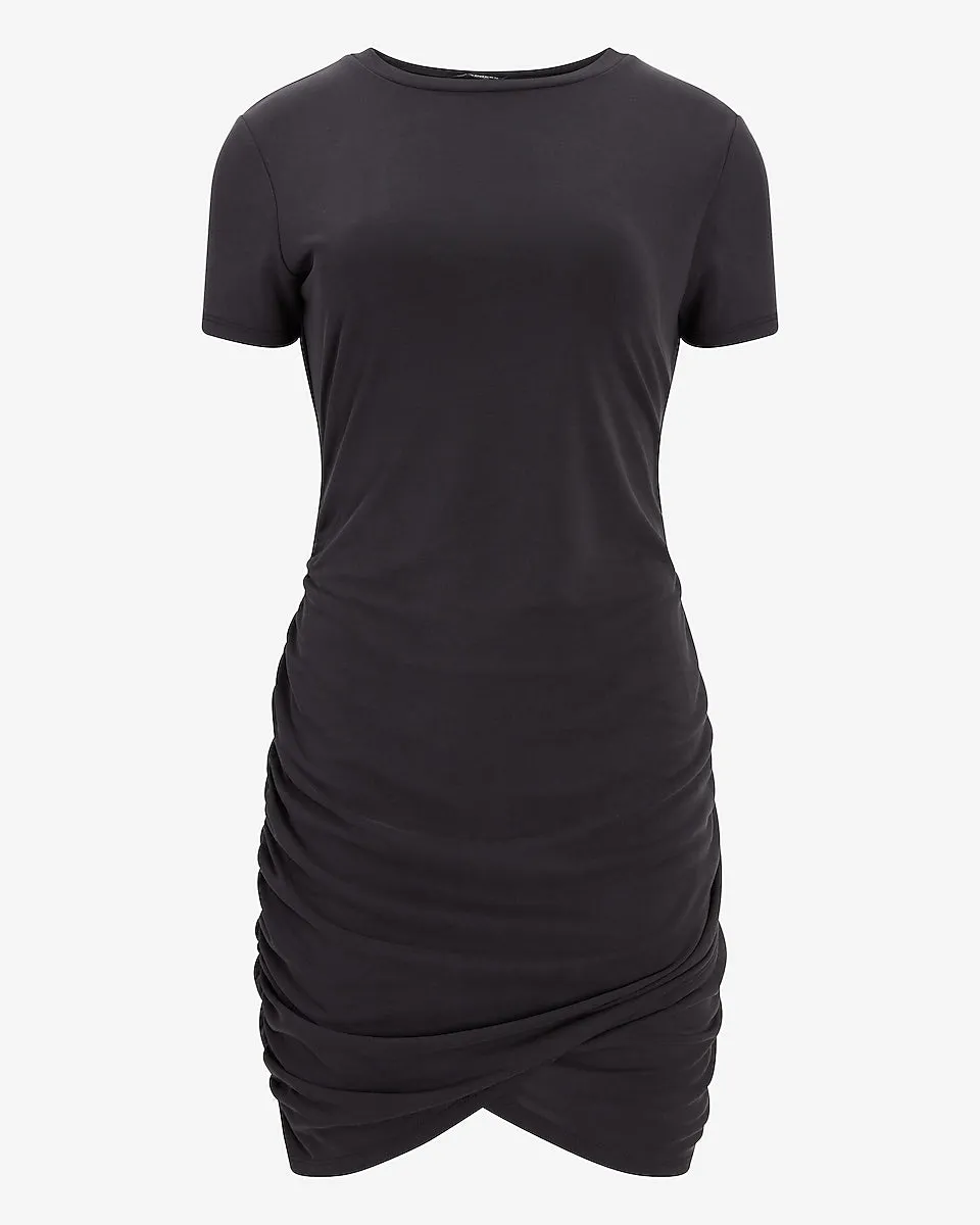 Silky Sueded Jersey Ruched T-Shirt Dress in Pitch Black