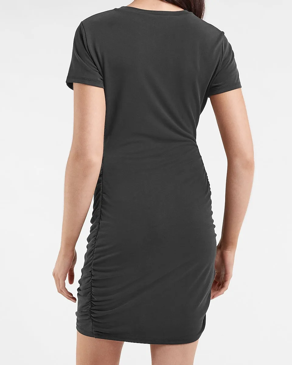 Silky Sueded Jersey Ruched T-Shirt Dress in Pitch Black