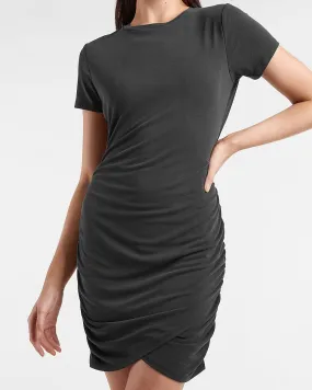 Silky Sueded Jersey Ruched T-Shirt Dress in Pitch Black