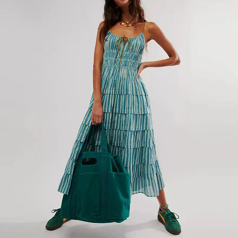 Slash Neck High Waist Long Casual Stripe Pleated Bohemian Spaghetti Strap Vestidos Summer s Dress