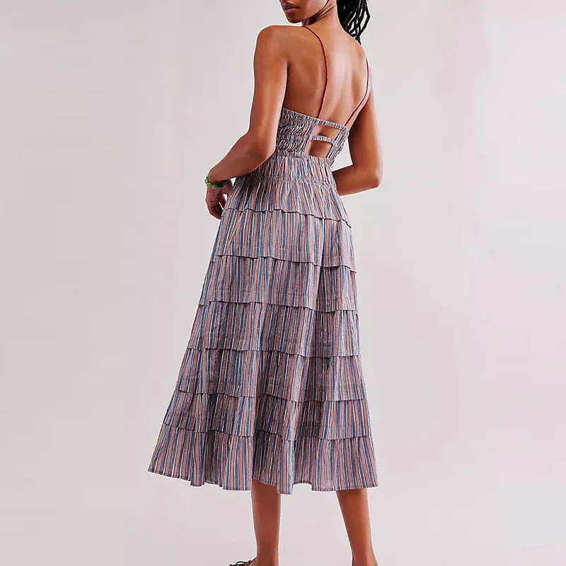 Slash Neck High Waist Long Casual Stripe Pleated Bohemian Spaghetti Strap Vestidos Summer s Dress