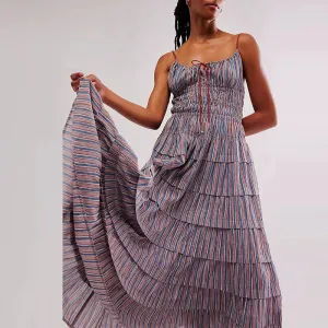 Slash Neck High Waist Long Casual Stripe Pleated Bohemian Spaghetti Strap Vestidos Summer s Dress