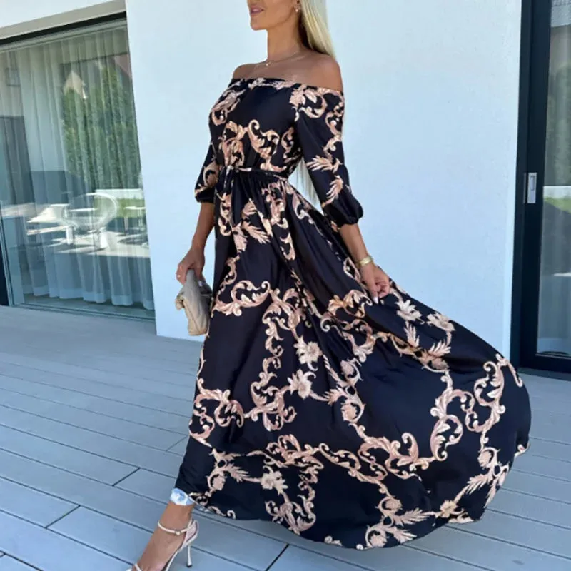 Slash Neck Lace Up Bohemian Fashion Backless Long New Summer Beach Vacation Floral Print Vestido Floral Vintage Dress