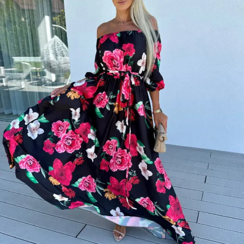 Slash Neck Lace Up Bohemian Fashion Backless Long New Summer Beach Vacation Floral Print Vestido Floral Vintage Dress