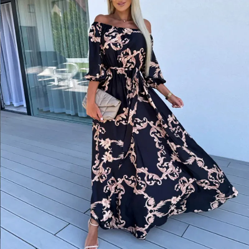 Slash Neck Lace Up Bohemian Fashion Backless Long New Summer Beach Vacation Floral Print Vestido Floral Vintage Dress