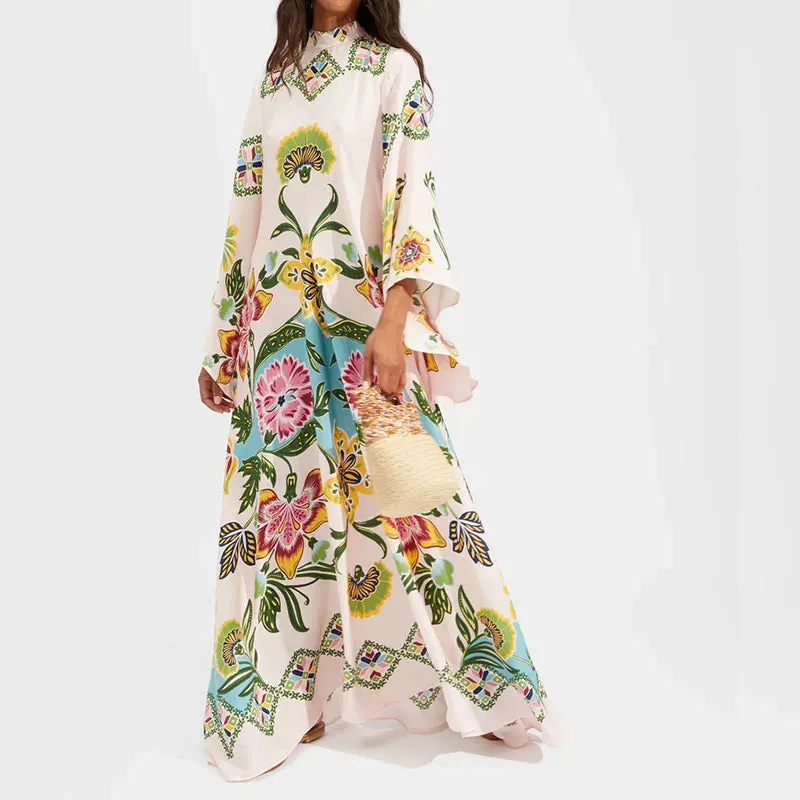 Sleeve Loose Vintage Pattern Printed Bohemian Summer Long Dress