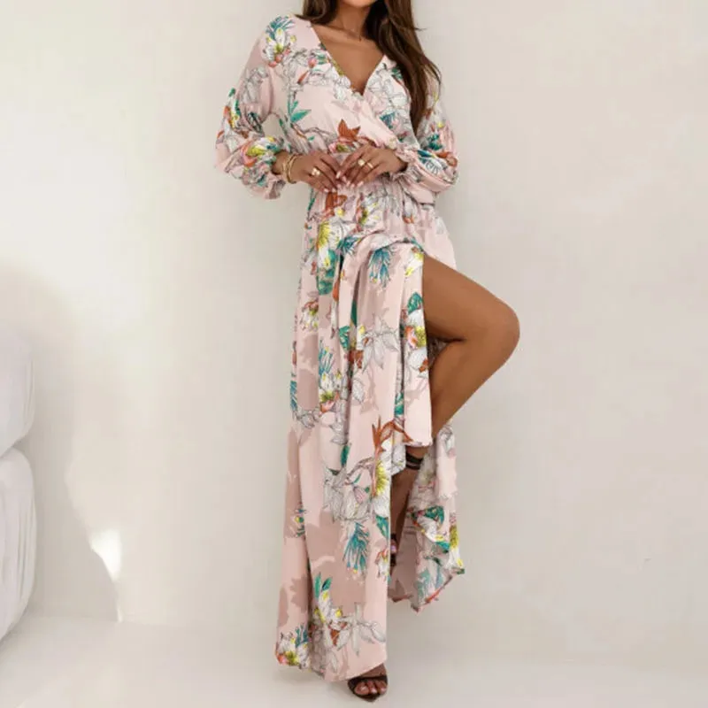 Sleeve Pleat Party Elegant Elastic Loose Ethnic Style Retro Print V-neck Floral Long Dress