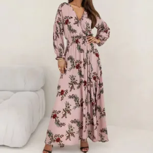 Sleeve Pleat Party Elegant Elastic Loose Ethnic Style Retro Print V-neck Floral Long Dress