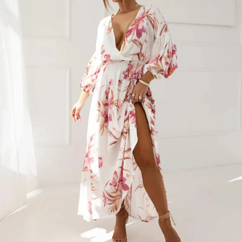 Sleeved's Party Pattern Printed High Waist Robe Elegant V-neck Pleats Summer Spring Long Dress