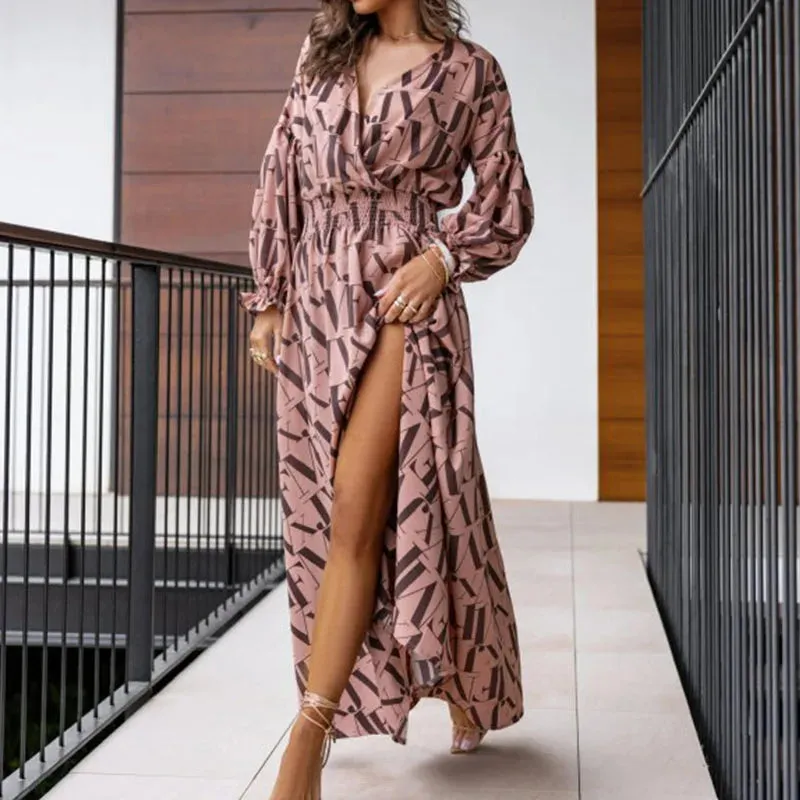 Sleeved's Party Pattern Printed High Waist Robe Elegant V-neck Pleats Summer Spring Long Dress