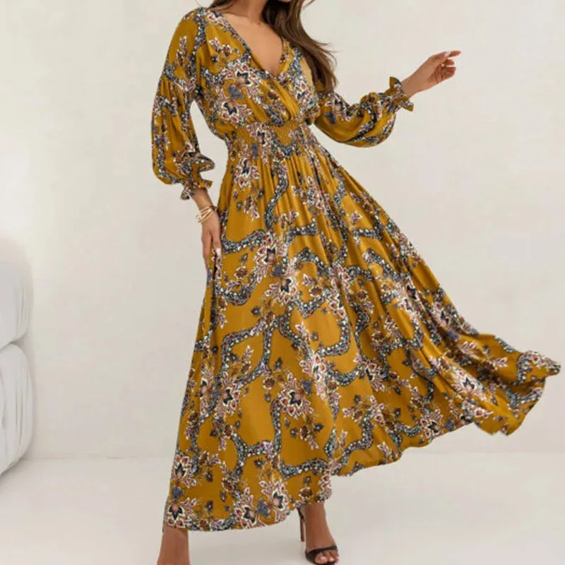 Sleeved's Party Pattern Printed High Waist Robe Elegant V-neck Pleats Summer Spring Long Dress