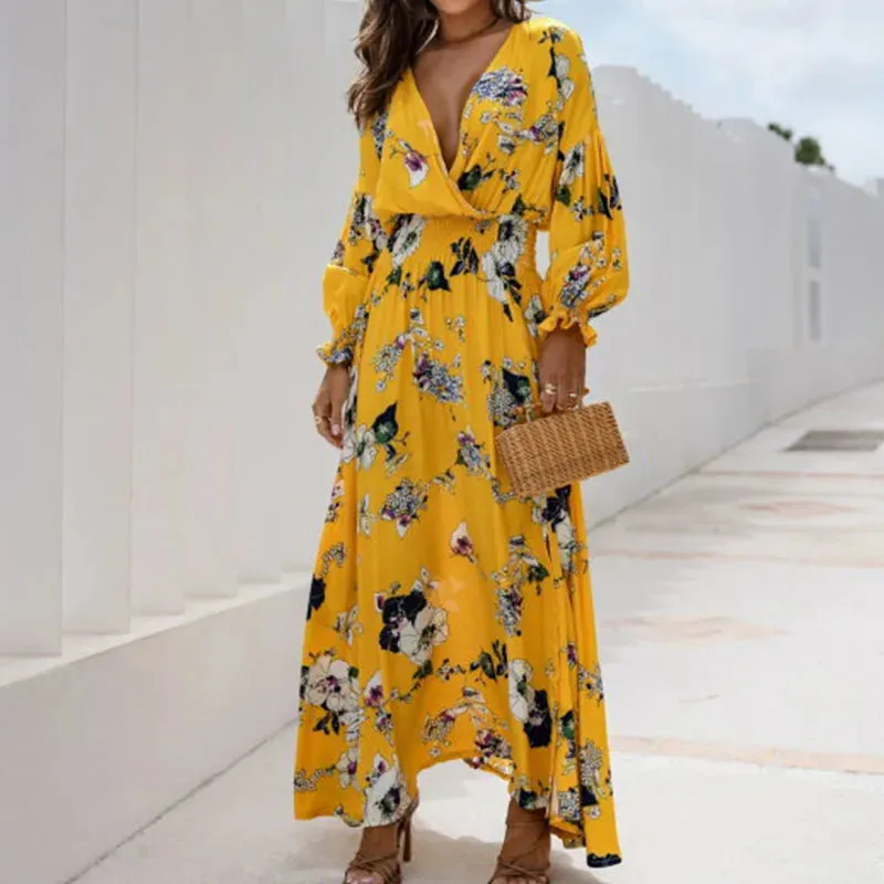 Sleeved's Party Pattern Printed High Waist Robe Elegant V-neck Pleats Summer Spring Long Dress