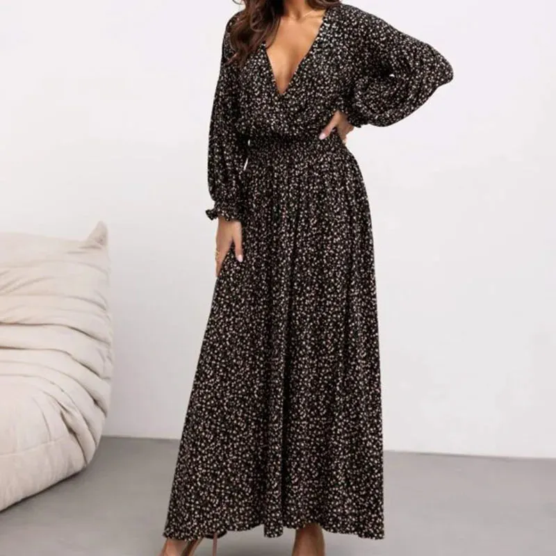 Sleeved's Party Pattern Printed High Waist Robe Elegant V-neck Pleats Summer Spring Long Dress