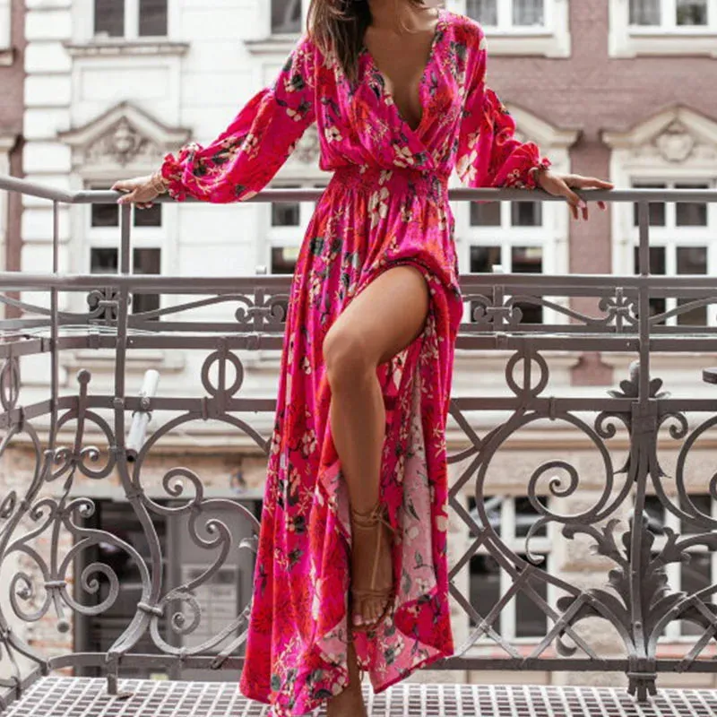 Sleeved's Party Pattern Printed High Waist Robe Elegant V-neck Pleats Summer Spring Long Dress