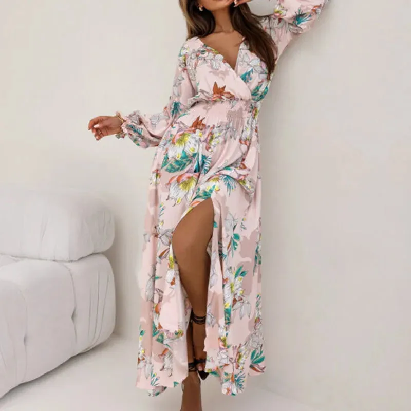 Sleeved's Party Pattern Printed High Waist Robe Elegant V-neck Pleats Summer Spring Long Dress