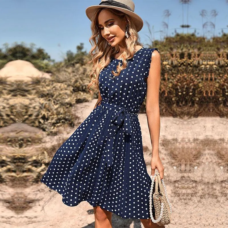 Sleeveless Pleated Polka Dot Dress