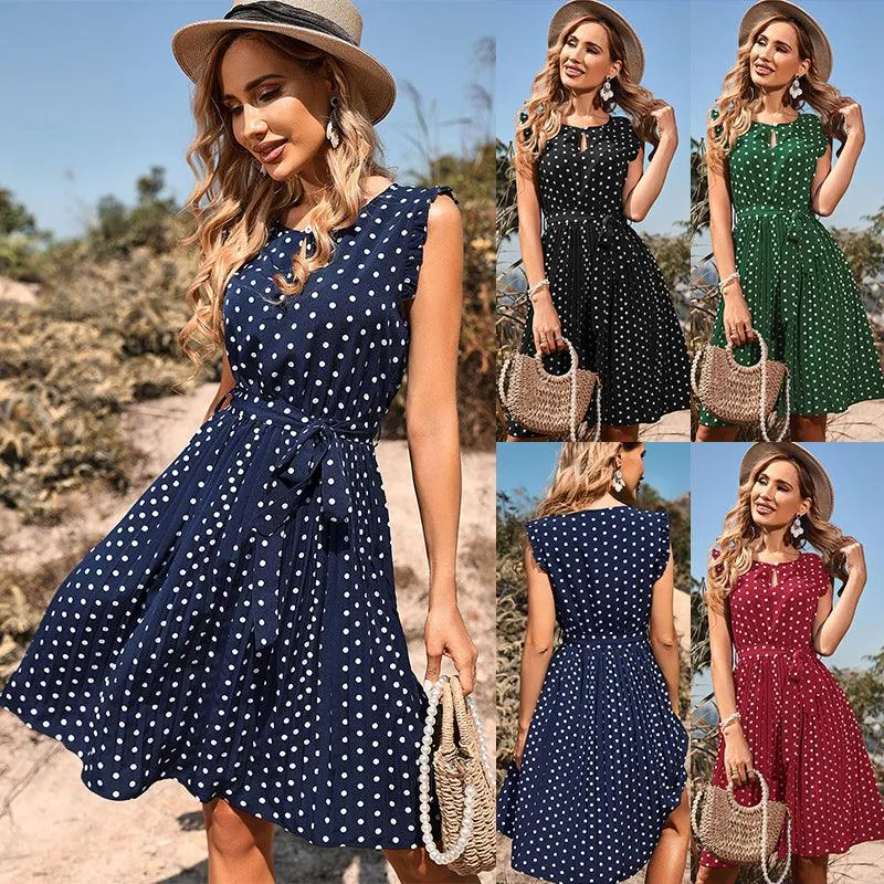 Sleeveless Pleated Polka Dot Dress