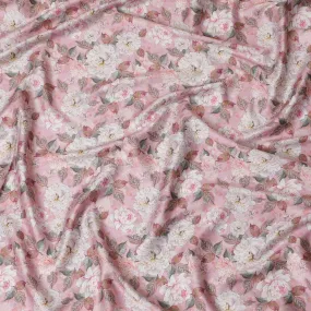 Soft Pink with White Floral Cotton Satin Fabric, 110 cm Width-20065