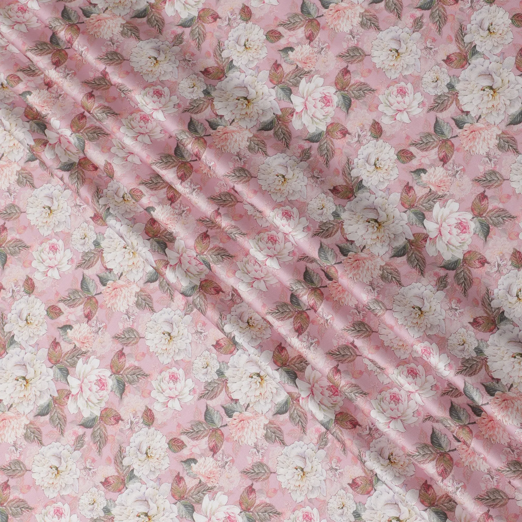 Soft Pink with White Floral Cotton Satin Fabric, 110 cm Width-20065