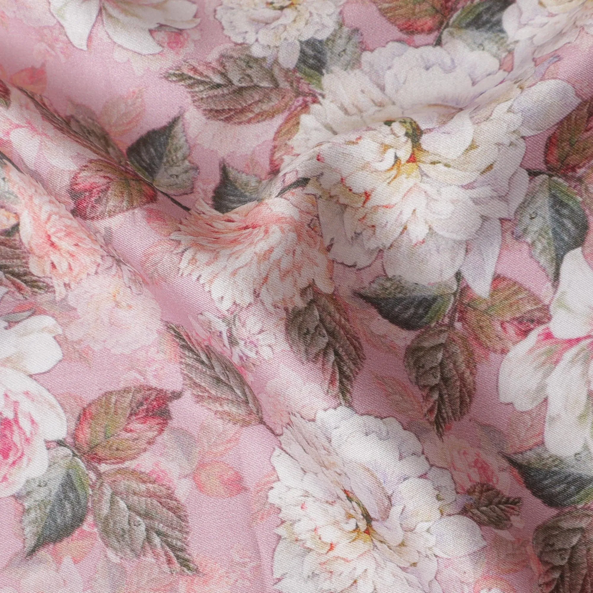 Soft Pink with White Floral Cotton Satin Fabric, 110 cm Width-20065