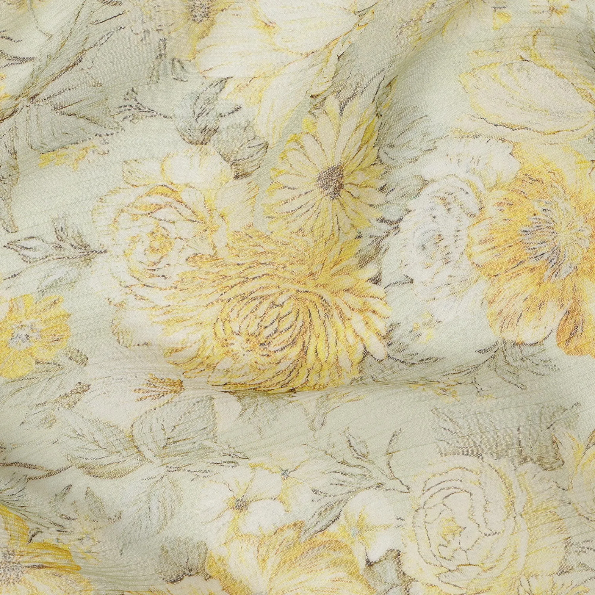 Soft Yellow Synthetic Crepe Fabric with Floral Design, 110 cm Width-D20684