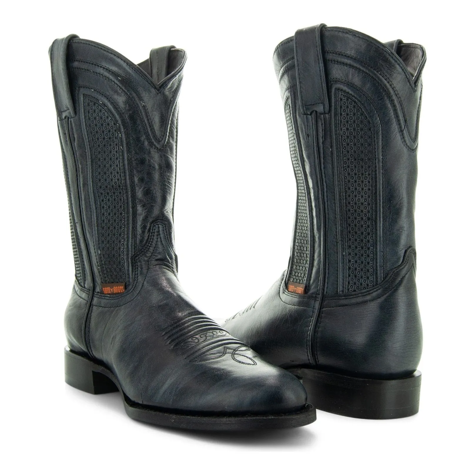 Soto Boots Mens Black Leather Dress Round Toe Cowboy Boots H50046