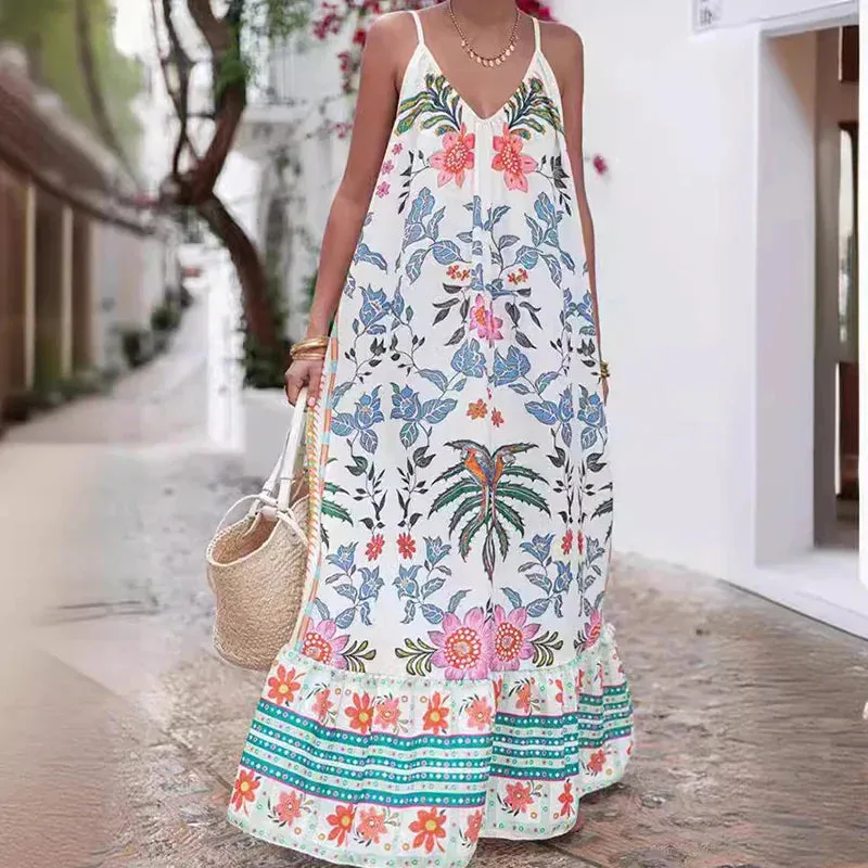 Spaghetti Strap Boho Loose Sexy V-Neck Floral Print Summer Casual Dress