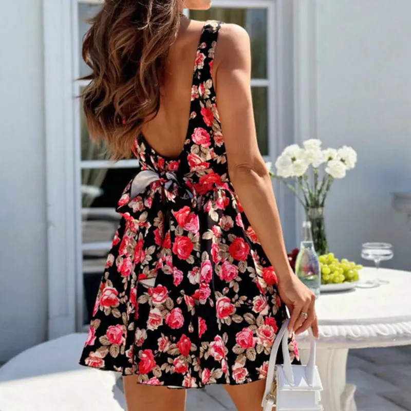 Spaghetti Strap Casual Bohemian Floral Waist Summer Hollow Dress