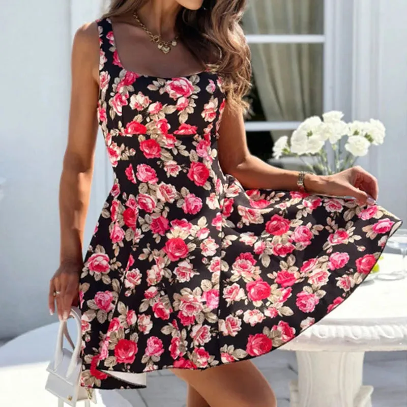 Spaghetti Strap Casual Bohemian Floral Waist Summer Hollow Dress