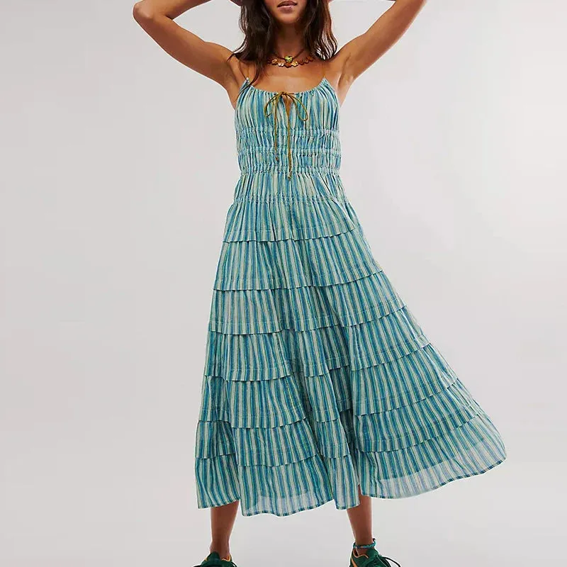 Spaghetti Strap Holiday Women's Slash Neck High Waist Long Casual Stripe Pleated Bohemian Vestidos Floral Fashion Dress