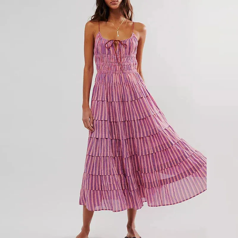 Spaghetti Strap Holiday Women's Slash Neck High Waist Long Casual Stripe Pleated Bohemian Vestidos Floral Fashion Dress